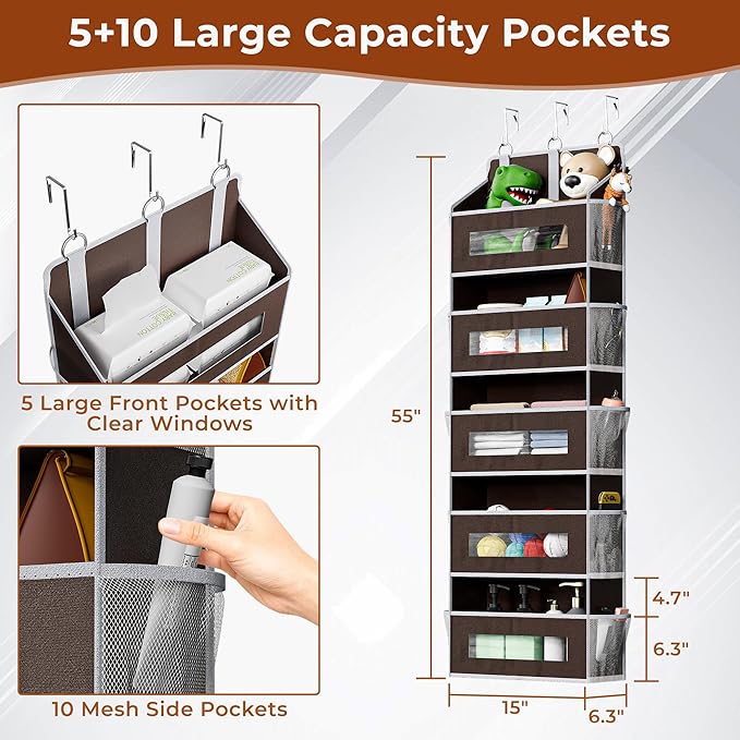 2 Pack 5 Tier Over The Door Organizer - Large Capacity Behind Door Hanging Shelves with 10 Mesh Pockets and Clear Windows, Closet Organizers and Storage for Bathroom, Bedroom, Nursery, Brown