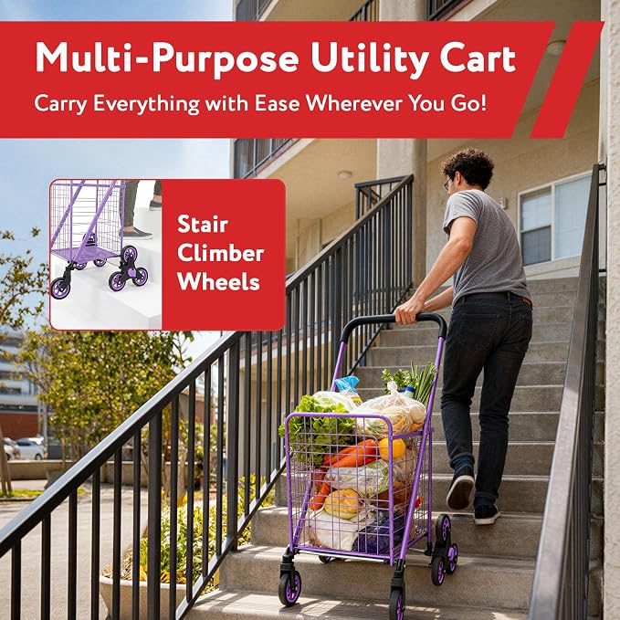 dbest Products Stair Climber Cruiser Cart Shopping Grocery Rolling Folding Laundry Basket on Wheels Foldable Utility Trolley Compact Lightweight Collapsible, Purple