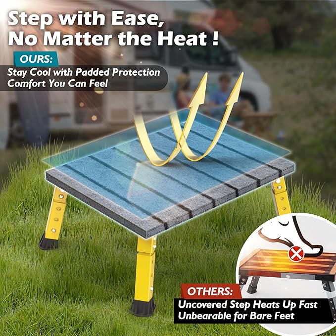 Marudina Large Platform RV Step with Cloth Cover and Anti-Slip Surface, 3-Level Adjustable Height, Light Aluminum Folding Step Stool, Supports Up to 1,000 lb - Ideal for RV and Multi-Use Scenarios