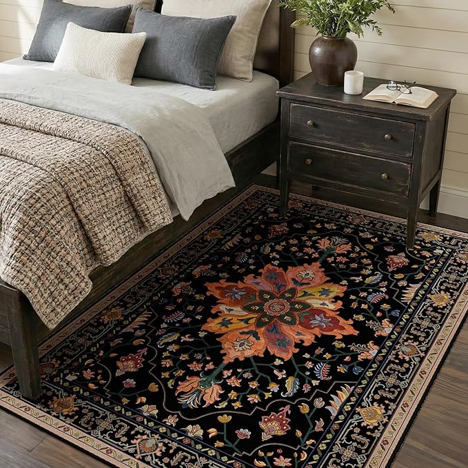 RELEANY Area Rugs 4'x6' Washable Non-Slip, Floral Vintage Distress Medallion Carpet for Living Room Bedroom Dining Room, Black Colorful Floral Dark Tan