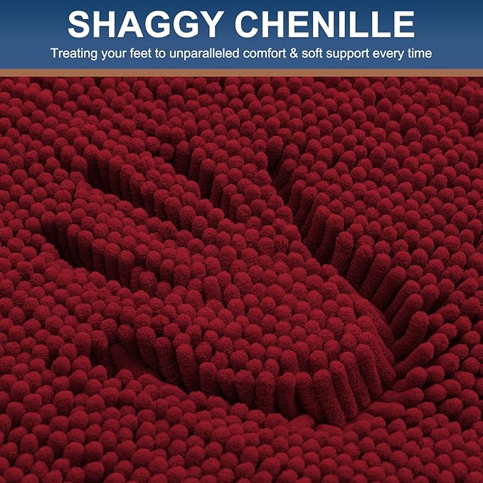 Smiry Luxury Chenille Bathroom Rugs 24x16, Extra Soft and Absorbent Shaggy Bath Mat, Machine Washable, Non-Slip Plush Carpet Runner for Tub, Shower, and Floor, Home Decor Accessories, Red
