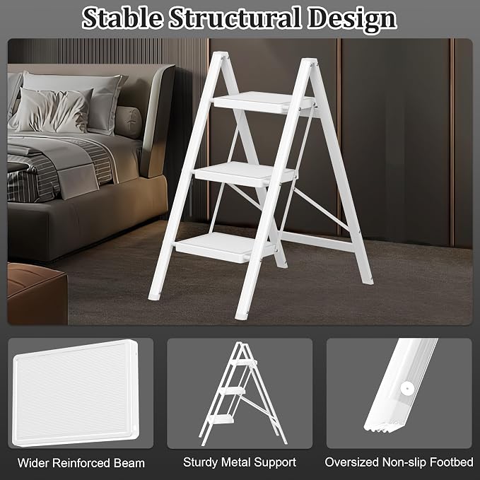 DIAMONDFORGE 3 Step Ladder, Folding Step Stool with Anti-Slip Wide Pedal, Anti-Slip Feet, Sturdiest Steel Construction, 330lbs Capacity Steel Ladder for Home and Office, White
