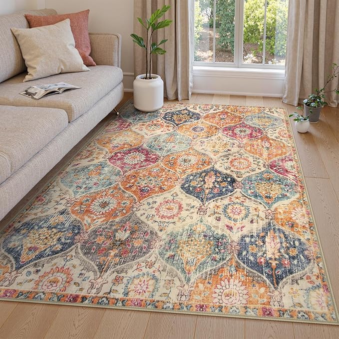 Lahome Moroccan Trellis Washable Area Rugs 5x7, 5x7 Area Rugs for Living Room Bedroom, Indoor Non-Slip Large Oriental Throw Carpet for Kitchen Entryway Bathroom Office Elise, Cream/Multi