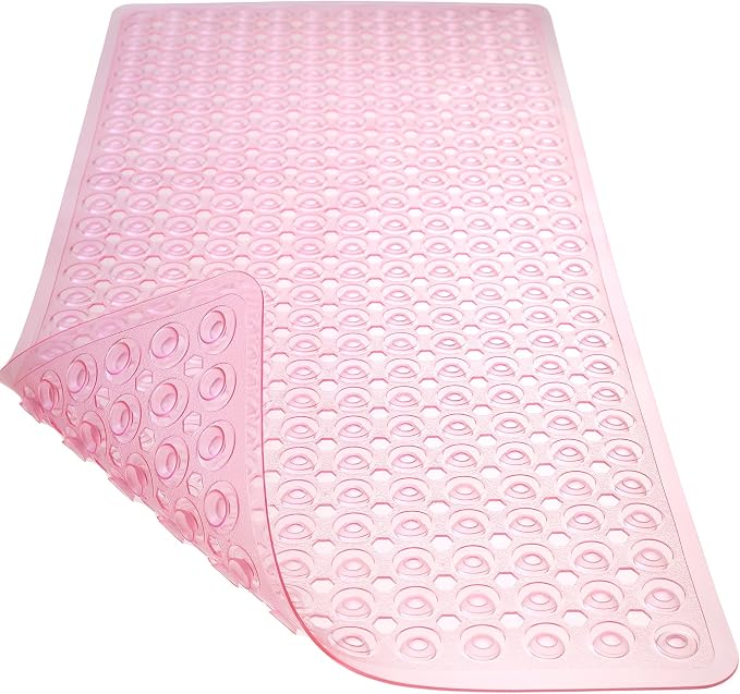 TEESHLY Bath Mat for Tub & Shower, Non Slip Soft Bathmat with Suction Cups & Drain Holes, Machine Washable Bathtub Floor Liner Mats for Bathroom, 35x16 Inch, Clear Pink