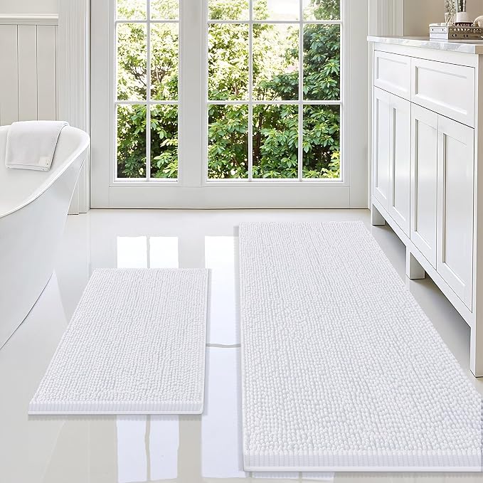 Smiry Bathroom Rugs Sets 2 Piece, Soft Absorbent Chenille Machine Washable Non Slip Shaggy Bath Rug Set for Tub, Shower, and Floor (59x20+24x16, White)