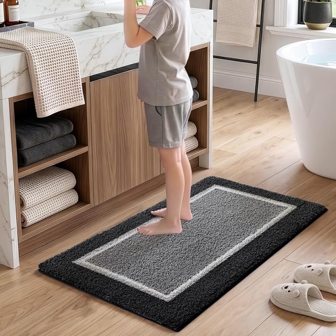 DEXI Bathroom Rugs 32x20, Absorbent Extra Soft Plush Microfiber Bath Mat for Bathroom, Non Slip Washable Bathmat Quick Dry for Shower Floor, Sink, Tub, Laundry Room, Dark Grey
