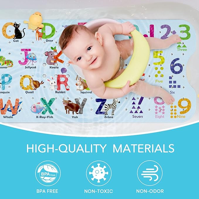 SHUCHING Baby Bath Mat for Tub Non Slip-40 X 16 Inch, Kids Bathtub Mat Mold Free, Shower Mat Anti Slip for Bathroom, Machine Washable, Alphabet