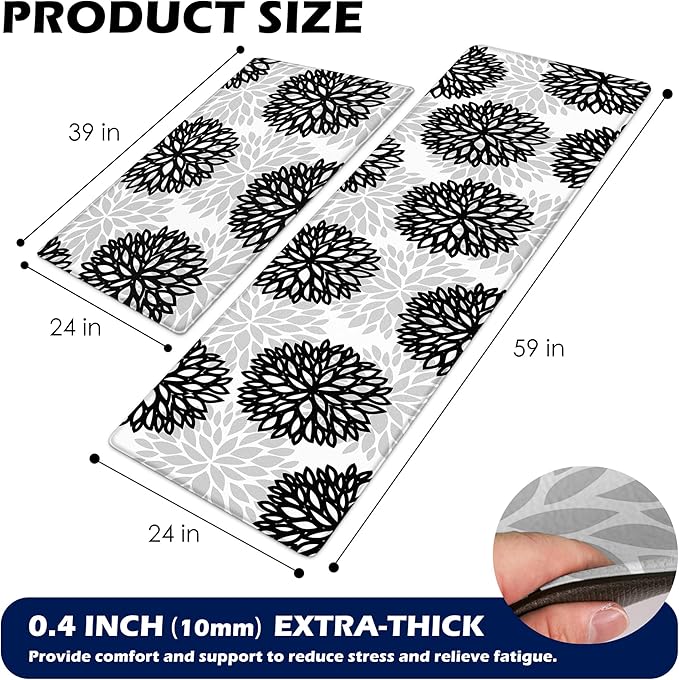 Cushioned Anti-Fatigue Kitchen Mats for Floor – Non-Slip Waterproof Memory Foam Runner, Extra Wide & Long, Comfortable Standing Mat for Kitchen, Sink, Office, Laundry, Black Gray
