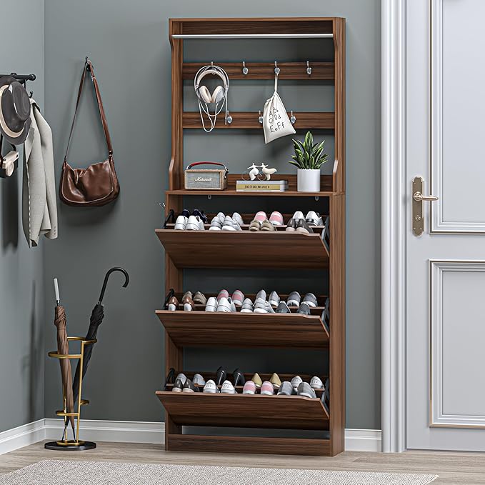 BORNOON Shoe Cabinet with 3 Flip Drawers & Coat Rack, Narrow Hidden Shoe Storage Cabinet, 2-in-1 Hall Tree Slim Freestanding Shoe Rack Organizer for Entryway, Hallway, and Living Room