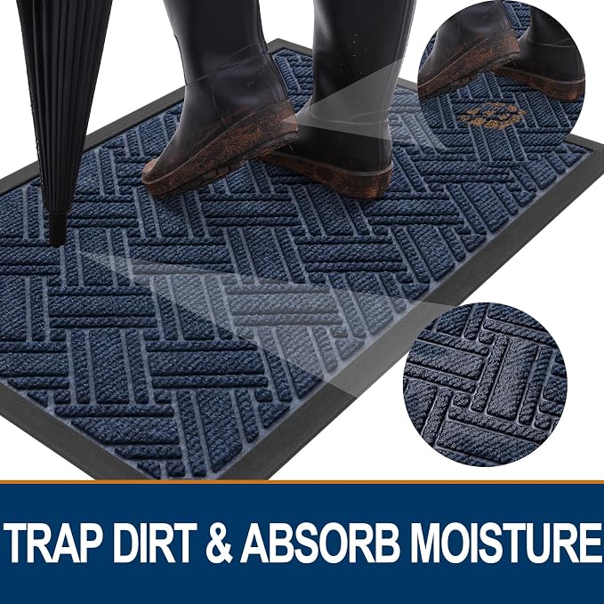 OLANLY Indoor Outdoor Mat, Sturdy Natural Rubber Floor Mat, Non Slip Low Profile Waterproof Doormat, and Stain Front Door Mats, Easy Clean Patio Entrance Mat, 30''x17'', Navy