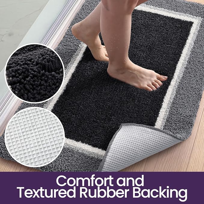 DEXI Bathroom Rugs 43x24, Absorbent Extra Soft Plush Microfiber Bath Mat for Bathroom, Non Slip Washable Bathmat Quick Dry for Shower Floor, Sink, Tub, Laundry Room, Black and Grey
