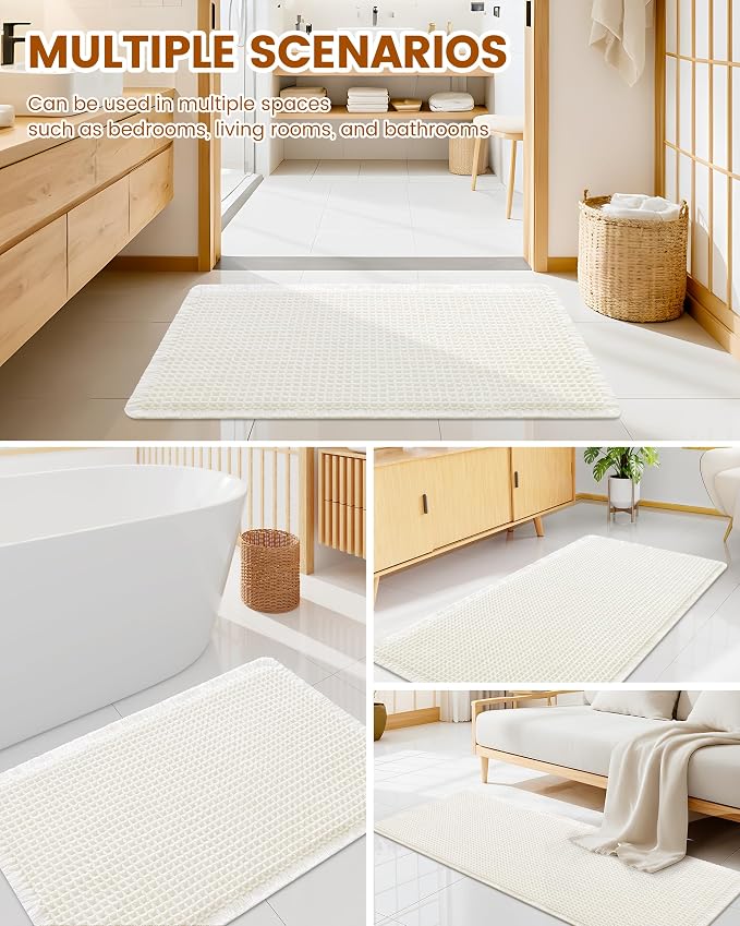 Smiry Waffle Bath Mat 30x18, Extra Soft Absorbent Bathroom Rugs, Non Slip Machine Washable Quick Dry Bath Rugs for Bathroom Floor, Tub, Shower, Home Decor Accessories, Cream