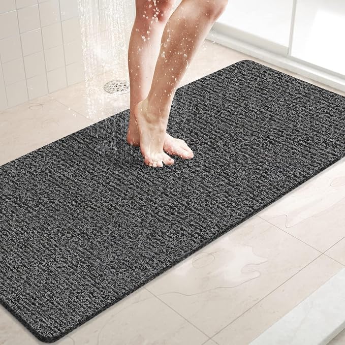 LuxStep Shower Mat Bathtub Mat,47x16 inch, Non-Slip Bath Mat with Drain, Quick Drying PVC Loofah Bathmat for Tub,Shower,Bathroom (Phthalate Free,Black)