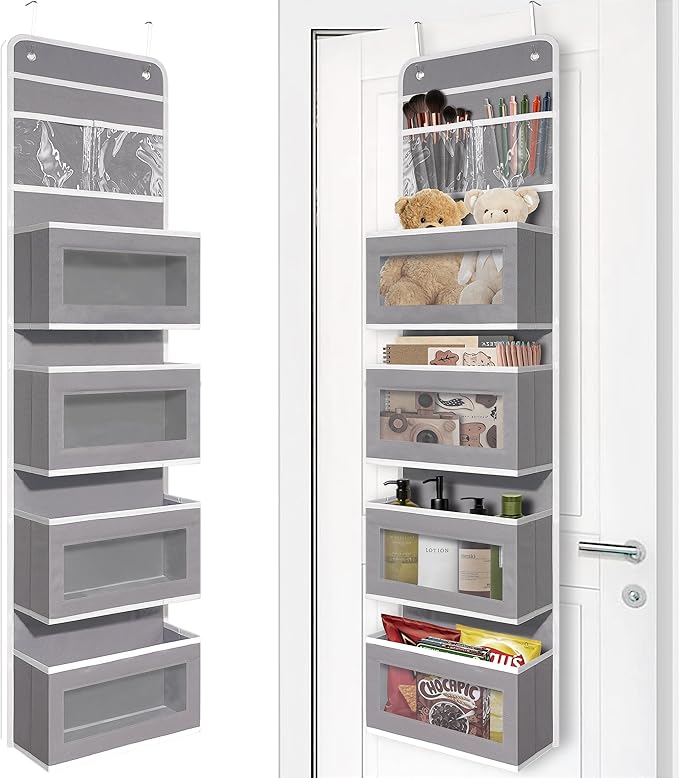 Giraffe Creation Gray Over Door Organizer with 4 Large Clear Pockets, Neutral Hanging Door Storage for Closet, Bathroom, Bedroom, Dorm, Nursery, Toys, Toiletries