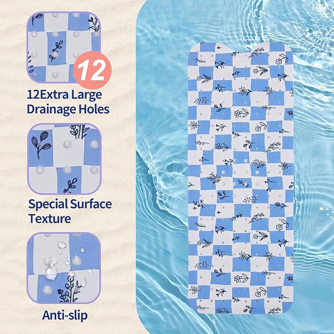 Bathtub Mat Non Slip 40x16 Inch Extra Long Bath Mat, Blue Floral Modern Art Shower Mat Non Slip Bath Mat for Tub Anti Slip with Large Drain Holes and Suction Cups, Rustic Flowers Design Bathroom Mat