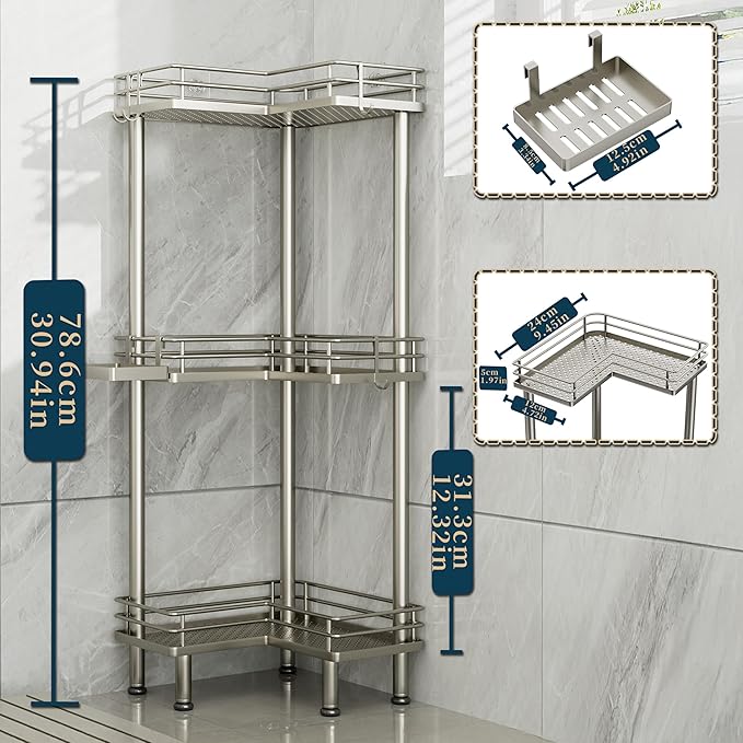 Consumest Corner Shower Caddy Standing - 3-Tier Stainless Steel Shower Organizer with Soap Holder and 4 Hooks, Large Capacity Corner Shelf Stand for Bathroom, Rest Room, Sand Nickel