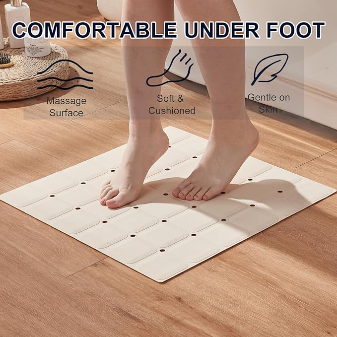 Webos Anti Slip Shower Mat for Tub & Shower Stall, 21" x 21" Square Silicone Bathtub Mat with Powerful Suction Cups, Fast-Draining, Machine Washable Soft Foldable Bathroom Mat, Beige