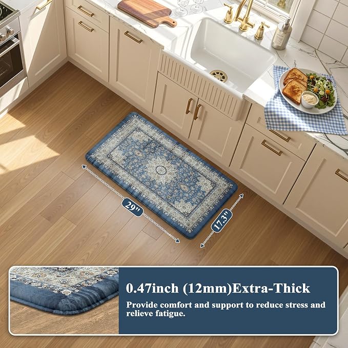 Collive Boho Blue Kitchen Mats Cushioned Anti Fatigue Mats, Non-Slip Kitchen Floor Mats, Kitchen Rugs for Sink, Laundry,Office, 17”x30” Waterproof Standing Desk Mat