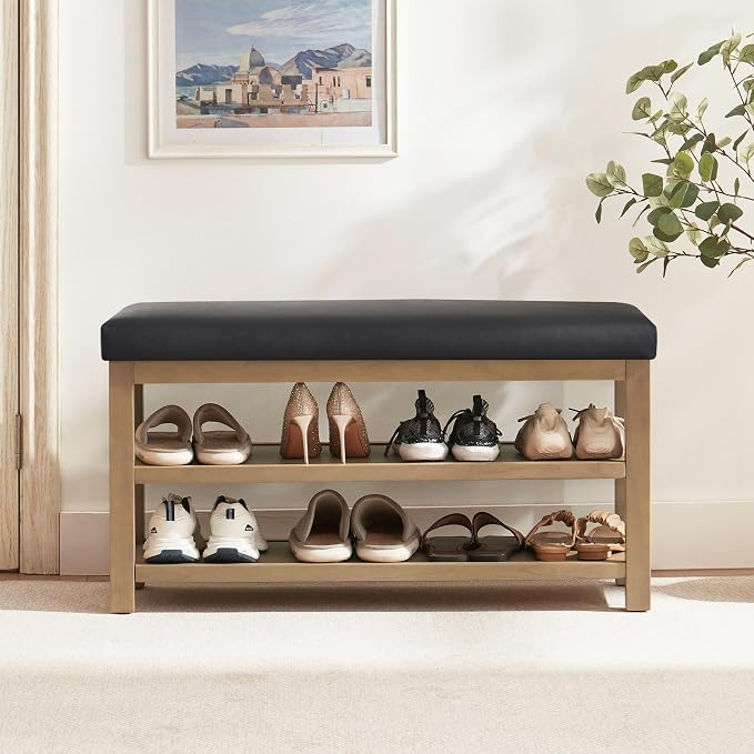 Zihanhome Shoe Rack Bench with Leather Cushion, 2 Tier Solid Wood Storage Bench, Mid-Century Modern Shoe Bench for Entryway, Hallway, Closet, Front Door Entrance, Foyer (Black, 39.4")