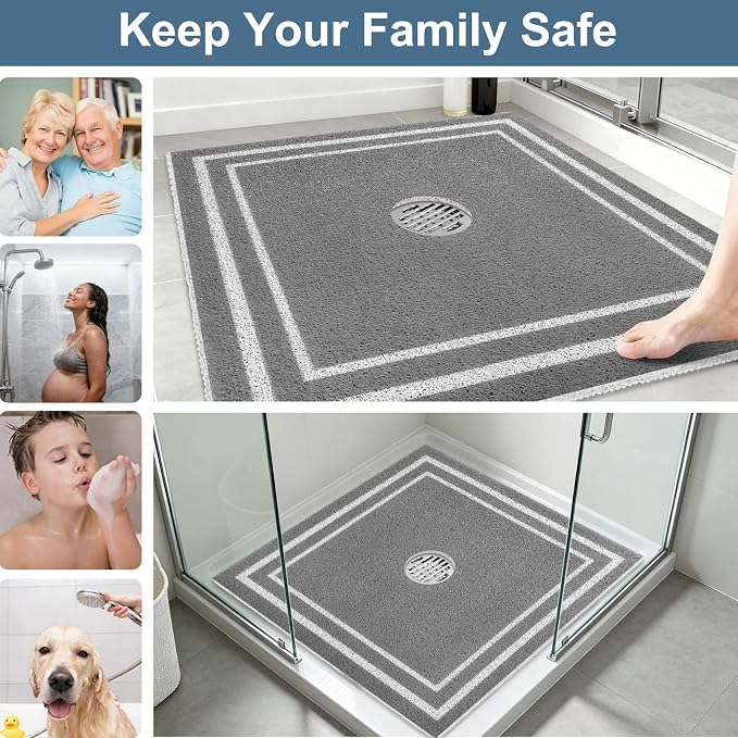 Square Shower Mat Non Slip: 27x27 Inch Extra Large Shower Mats for Inside Shower, Non Slip Shower Mat with Drain Hole in Middle- Anti Slip Shower Floor Mat, Loofah Shower Stall Mats for Elderly