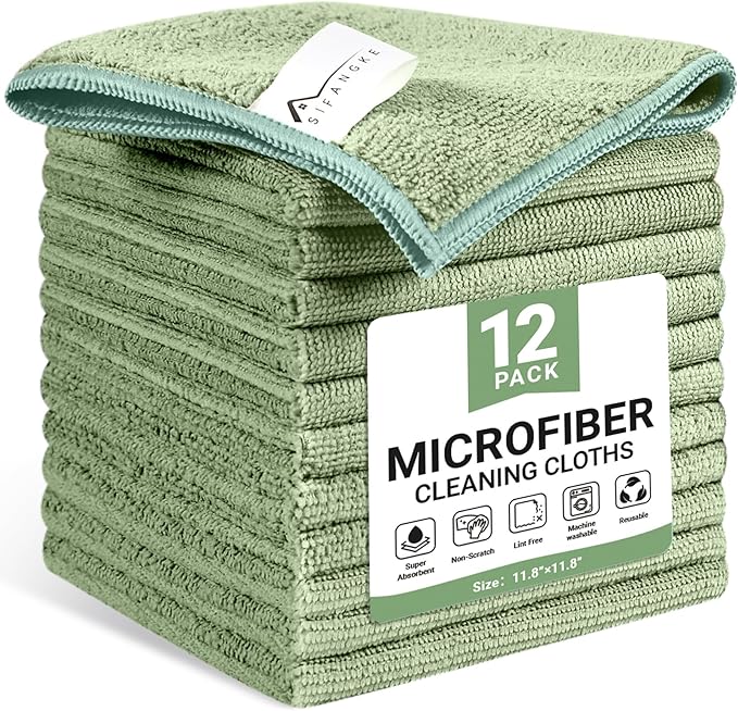 SIFANGKE Microfiber Cleaning Cloth, 12 Pack Green Cleaning Rags for Housekeeping, Reusable Microfiber Towels for Car, Kitchen, Bathroom and Household Cleaning Supplies, 11.8"X11.8"