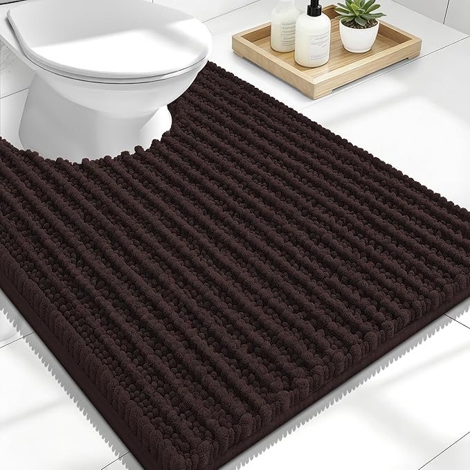 OLANLY Toilet Rugs U Shaped 24x20, Thick Soft and Absorbent Chenille Contour Bath Mat, Non-Slip Rubber Backing, Machine Washable Quick Dry Toilet Mat, Home Decor Accessories, Brown
