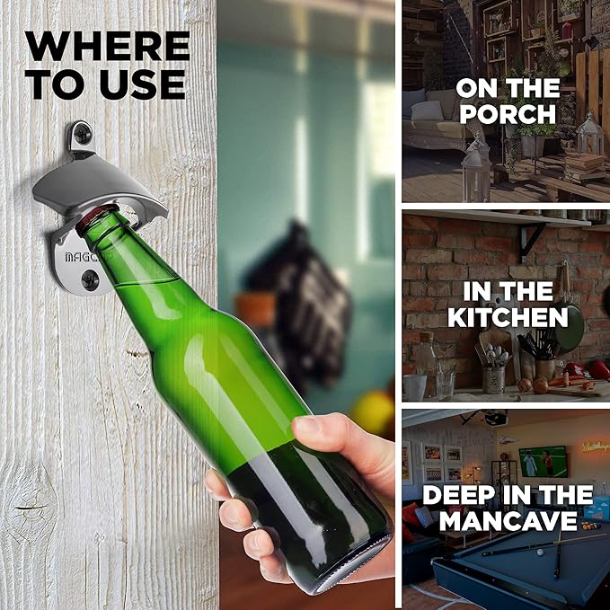 Outdoor Bottle Opener Wall Mounted - Style Magnetic Beer Bottle Opener that Catches Caps - Easy to Install and Incredibly Convenient (2, Gunmetal Black)