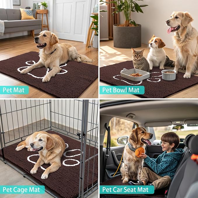 Smiry Dog Door Mat for Muddy Paws, Absorbent Dirt Trapper Non Slip Quick Dry Washable Chenille Mat for Mud Dogs, Entry Rug for Indoor and Outdoor (45x27 Inches, Brown and White)