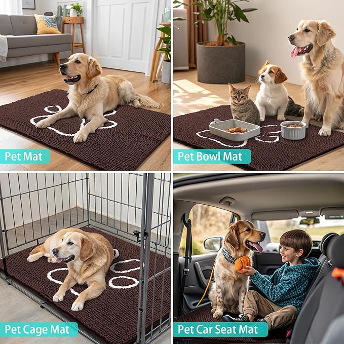 Smiry Dog Door Mat for Muddy Paws, Absorbent Dirt Trapper Non Slip Quick Dry Washable Chenille Mat for Mud Dogs, Entry Rug for Indoor and Outdoor (34x21 Inches, Brown and White)