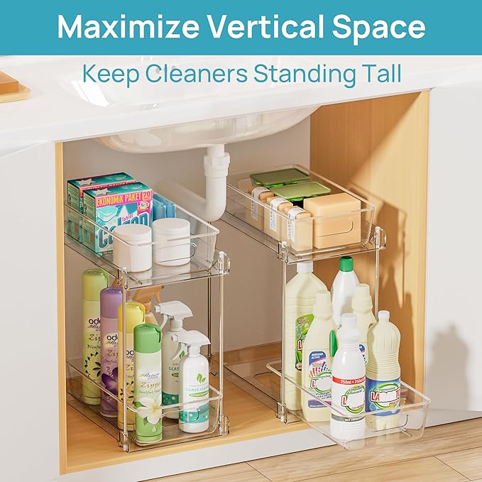 Vtopmart 4 Pack Higher Bathroom Organizer, 2 Tier White Under Sink Organizers Vanity Countertop Storage Container,Cabinet Drawers Bins, Pull-Out Organization with Track for Pantry, Kitchen