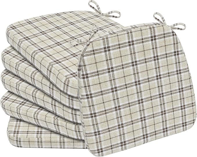 AAAAAcessories D-Shaped Chair Cushions, 2" Thick Dining Chair Pads with Ties and Removable, Machine-Washable Cover, 17" x 16", Set of 6, Tan Plaid