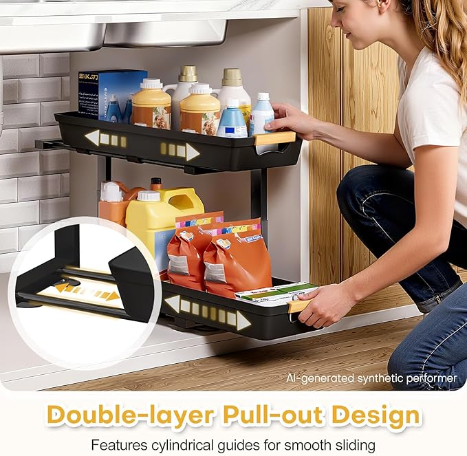 Homde 2-Tier Under Sink Organizer: 2pcs Set Adjustable Pull Out Drawer Undersink Cabinet Storage Rack for Home Kitchen Bathroom