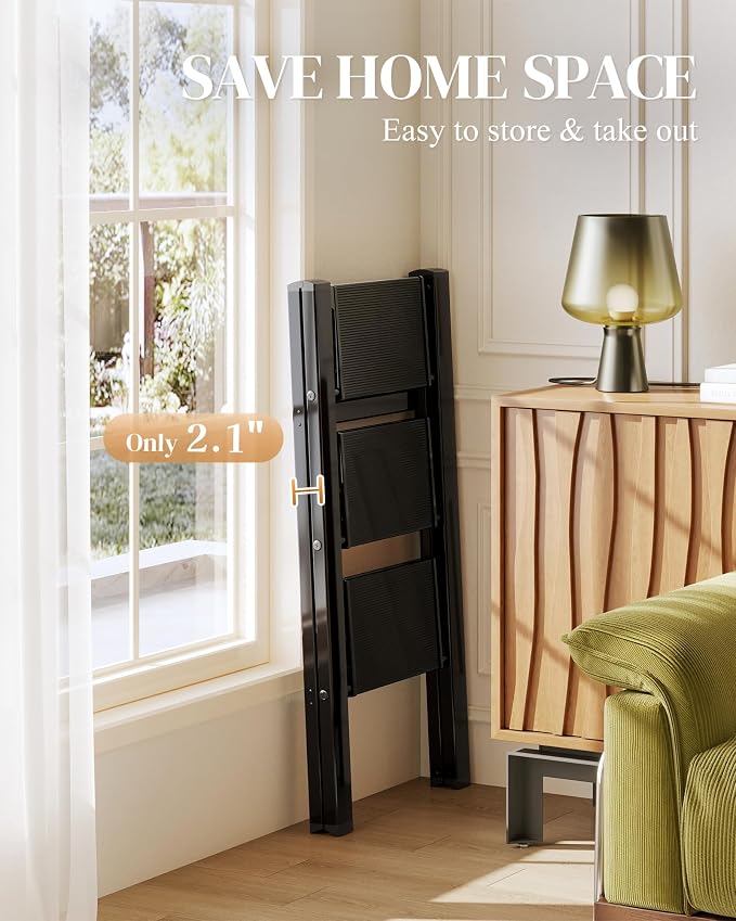 3 Step Ladder, Folding Step Stool with Wider Pedal, Anti-Slip Feet & Non Slip Stripes, Aluminum Sturdy Material, 300Lbs Capacity, Elegant Look of Piano Black Better Matches Your Home