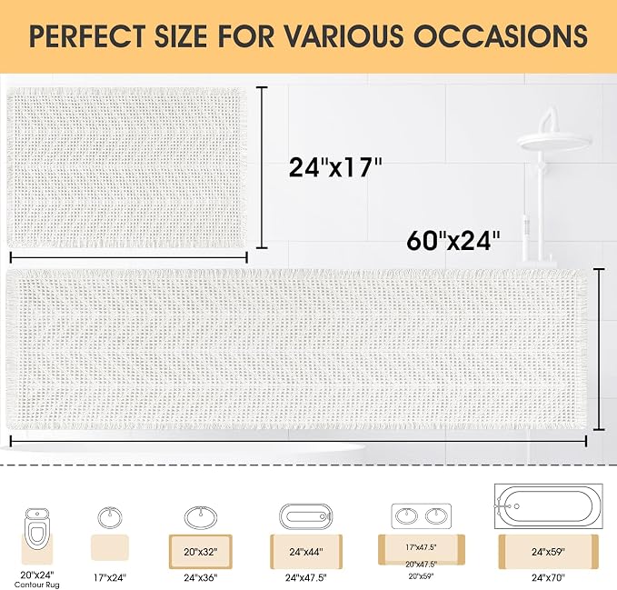 Upgrade Waffle Bath Mat Set 2 Piece, Boho Bathroom Rugs Absorbent Non Slip, Ultra Soft Bathroom Mat, Machine Washable Knit Bath Rugs with Herringbones for Bathroom, Bedroom, Kitchen, Shower, White