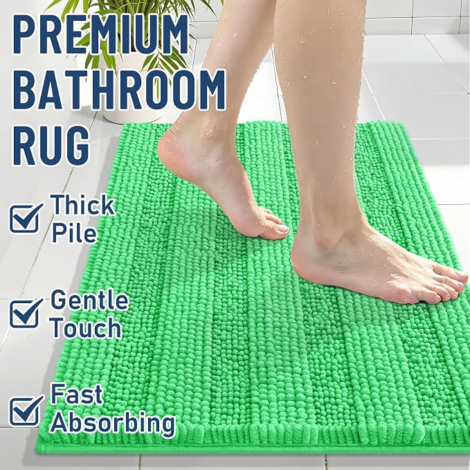 Grandaily Chenille Striped Bathroom Rugs 24x16, Extra Thick and Soft Absorbent Bath Mats, Rubber Backing, Plush Shaggy Shower Carpet, Machine Wash Dry, Bath Rug for Bathroom, Mint Green