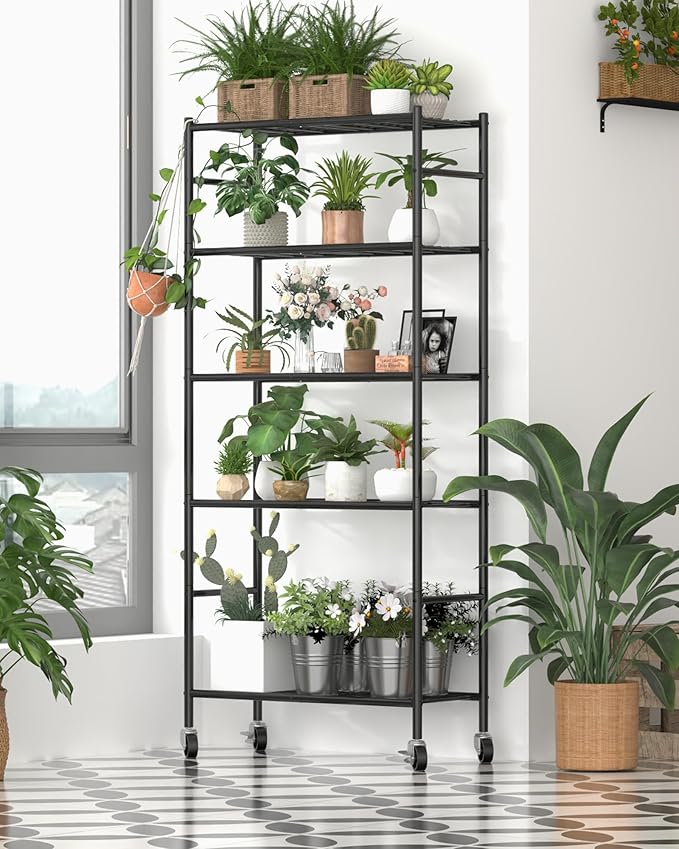 Sakugi Storage Shelves Organizer - 5 Tier Metal Shelf Organizer with Metal Wheels and Adjustable Leveling Feet, Heavy Duty Garage Shelving for Kitchen, Pantry and Closet, 33.1"x12.6"x73.5", Black