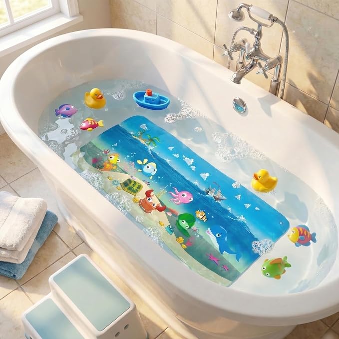 BEEHOMEE Bath Mats for Tub Kids,Baby Toddler - Large Cartoon Non-Slip Bathroom Bathtub Anti-Slip Shower Mats for Floor 35x15,Machine Washable XL Size Bathroom Mats (Ship)
