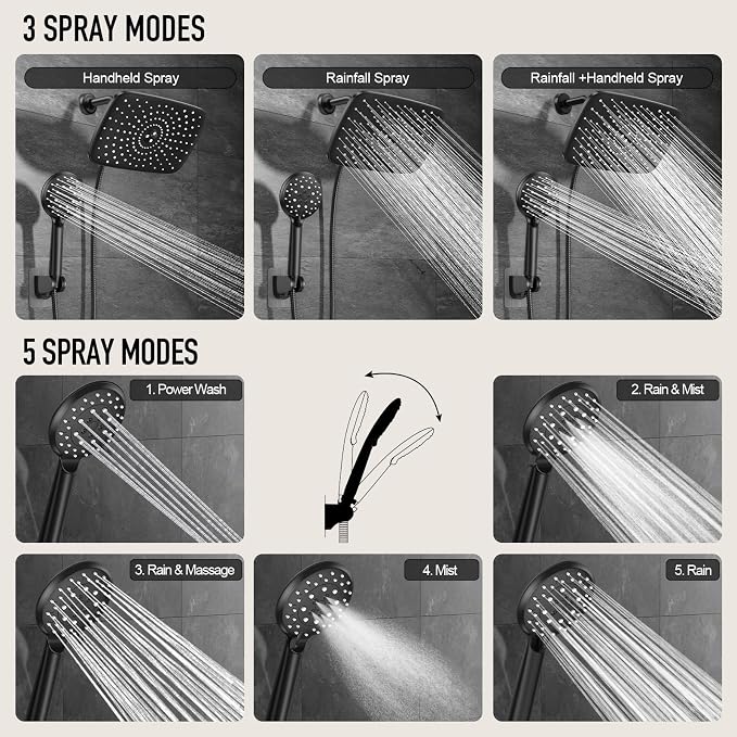 Veken 11.8'' Rain Shower Head with Handheld, High Pressure Rainfall Showerhead Combo with 5 Hand held Water Spray Modes for Bathroom Accessories, Home Decor, Detachable Dual Shower Heads, Matte Black