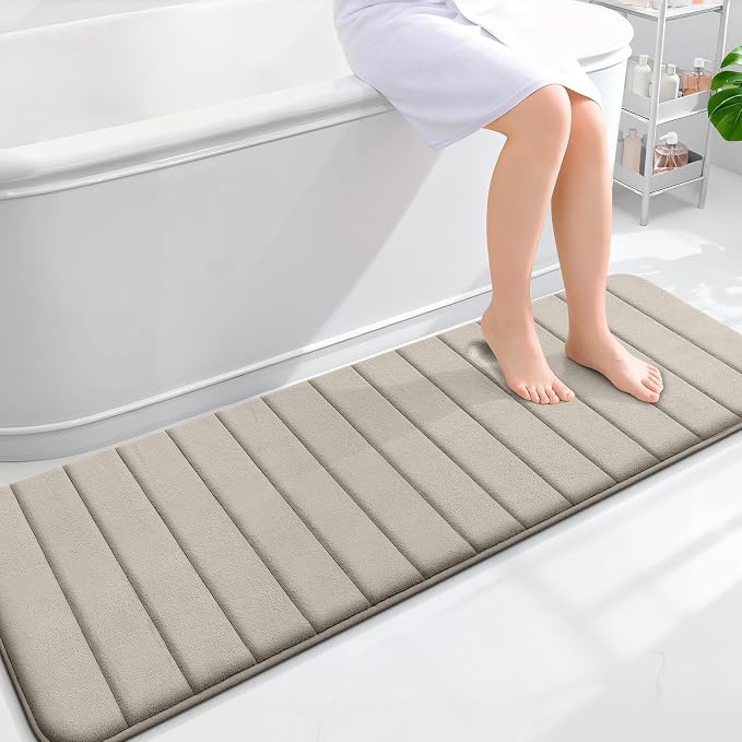 OLANLY Memory Foam Long Bathroom Rugs Runner 59x20, Super Soft Absorbent Bath Mat, Quick Dry, Machine Washable Shower Floor Rugs, Bathmat Carpet, Bathroom Home Decor Accessories, Warm Taupe