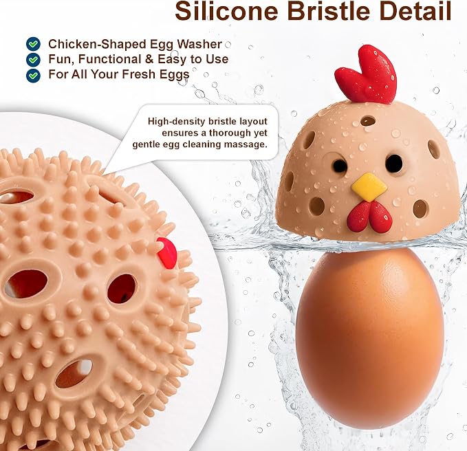 Egg Washer for Fresh Eggs, Egg Scrubber for Fresh Eggs, Reusable Silicone Chicken Shaped Scrubs, Chicken Egg Cleaner, Eggshell Cleaner for Poultry Farm, Housewife Kitchen Helper Tool (Brown Chick Cap)