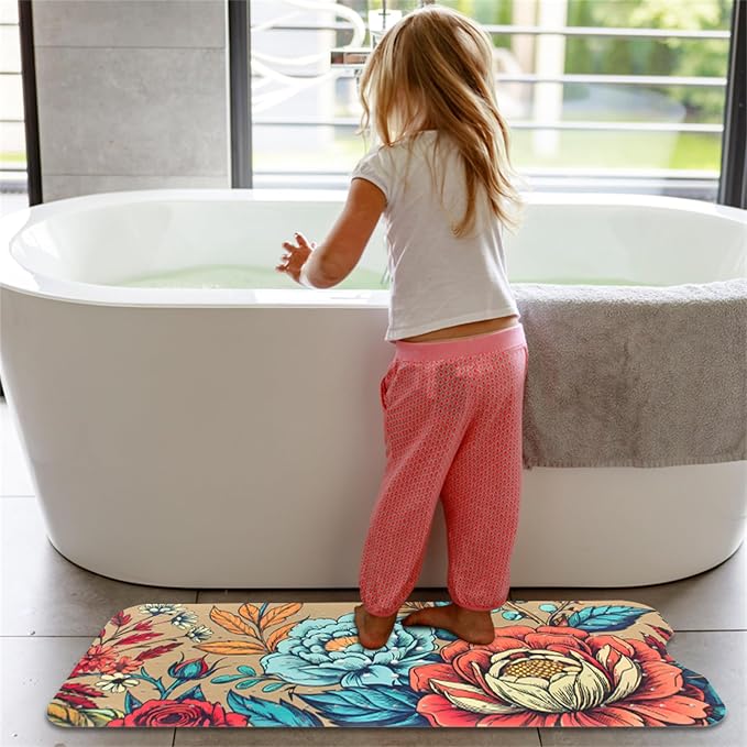 Bohemia Floral Bathtub Mat Non Slip for Kids 40x16in Extra Long Anti Slip Bath Mat for Tub Boho Flower Bath Shower Mat with Large Drain Holes and Suction Cups Vintage Plant Design Bathroom Decor