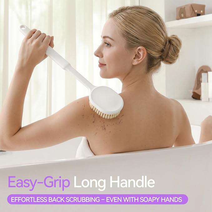 Back Scrubber for Shower for Women Men, Body Brush with Long Handle, Exfoliating Bath Washer with Soft Bristles, Body Exfoliator for Wet or Dry Brushing, Back Scrub Deep Cleaning, White