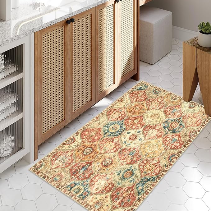 Lahome Kitchen Rugs Non Slip Washable Rugs for Entryway, 2x4 Rug Non-Slip Moroccan Trellis Ultra-Thin Indoor Door Mat Small Carpet for Bathroom Bedroom Entry Elise, Red/Orange