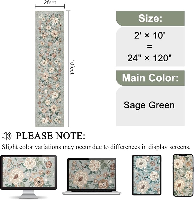 DUKINO Runner Rug, 2x10 Kitchen Runner Rug for Hallway with Non Slip Backing, Washable Low Pile Soft Boho Floral Carpet for Kitchen, Entryway, Hallway, Laundry, Bedroom, Sage Green