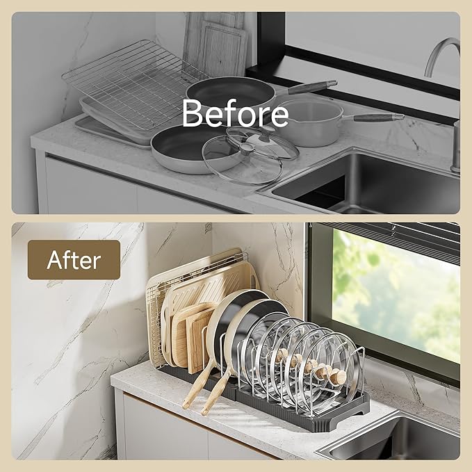 MUDEELA Pot Lid Organizer Rack for Cabinet, Expandable Pots and Pans Organizer under Cabinet with 12 Adjustable Dividers, Pan Organizers Holder inside Cabinet for Cutting Boards, Baking Sheets, Black