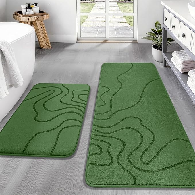 YIHOUSE Memory Foam Bathroom Rugs Sets 2 Piece - Extra Thick Ultra Soft Absorbent Bath Mat Set, Non-Slip Machine Washable Bath Rugs for Bathroom, Tub & Shower, Home Decor (17"x24"+20"x46",Olive Green)