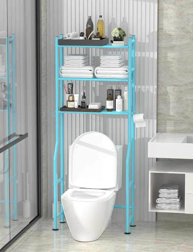 Livilord 3-Tier Over The Toilet Storage, Freestanding Metal Bathroom Shelves with 4 Hooks, Over Toilet Storage Shelf with Paper Holder, Above The Toilet Shelf for Bathroom Storage, Blue