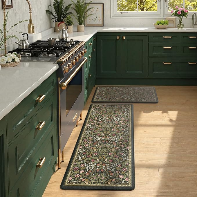 Collive Kitchen Mats for Floor 2PCS, Cushioned Anti Fatigue Rugs Non-Slip Waterproof Kitchen Sink Mat, Green Floral Standing Mat for Bar, Office, Desk, Home Decor