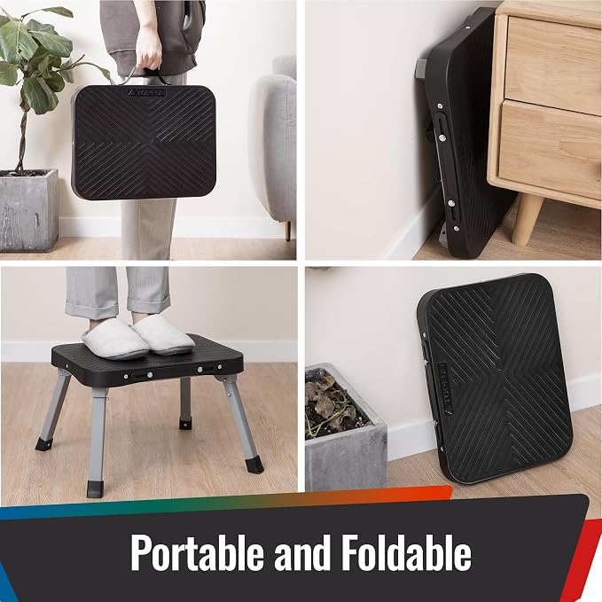 9" Folding Step Stool, Non-Slip 16x12 Large Platform, No Assembly | Sturdy Steel Frame, Portable Compact for Kids Adults Seniors at Indoor Outdoor, Durable & Safe, Kitchen Bedroom RV Office