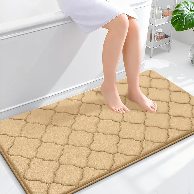 OLANLY Memory Foam Bath Mat Rug 44x24, Ultra Soft and Absorbent Bathroom Rugs, Non-Slip, Comfortable, Machine Washable Bath Carpet for Bathroom Floor, Tub, Shower and Home Decor Accessories, Beige